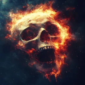 Haunting Fiery Skull with Flames in Dark Starry Background