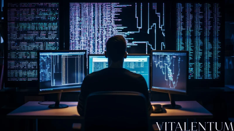Dark Room: A Captivating Image of a Man Working in Front of Computer Screens AI Image