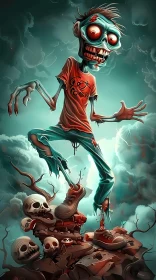 Digital Art: Zombie Ready for Attack under Stormy Sky