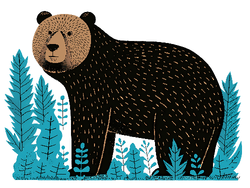 Digital Illustration of a Brown Bear Amidst Foliage in Graphic Style POD Design