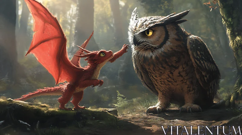 AI ART Red Dragon and Owl in the Woods