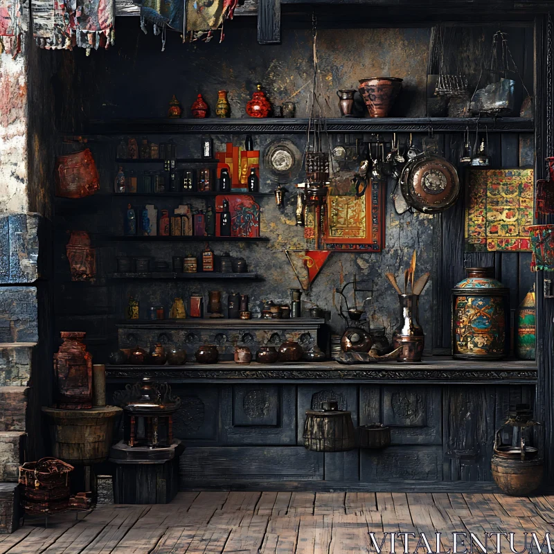 Antique Room with Shelves and Vintage Objects AI Image