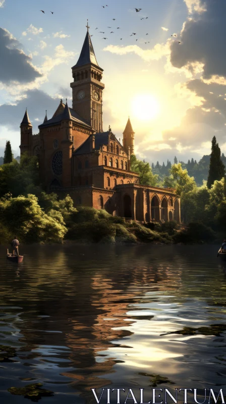 Enchanting Gothic Revival Castle on a Tranquil Lake at Sunset AI Image