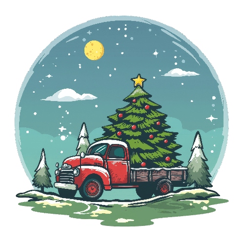 POD Design Holiday Red Truck and Christmas Tree in Snowy Forest