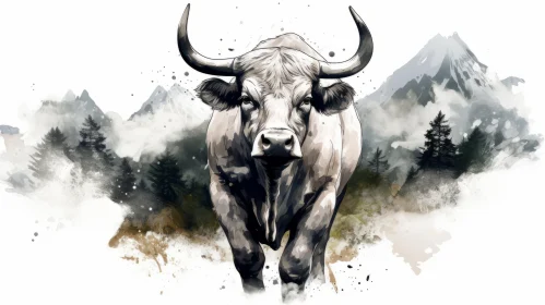 Majestic Bull in Mountain Forest - Watercolor Style Illustration