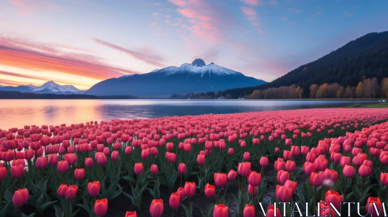 Mesmerizing Landscape of Pink Tulips at Sunset with Mountain and Lake AI Image