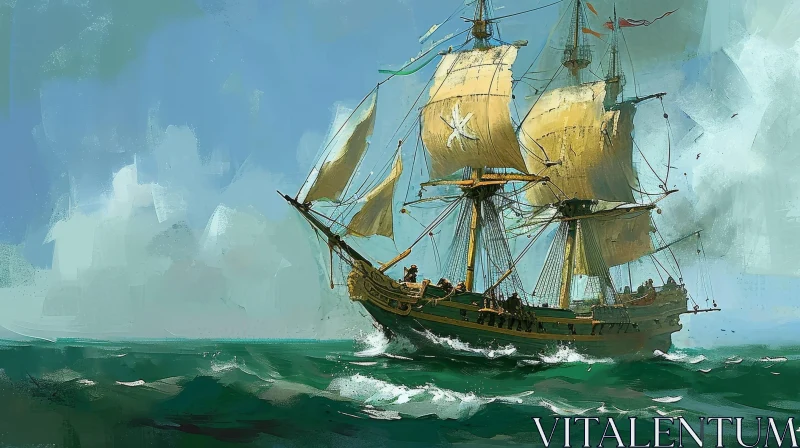 Powerful Painting of a Sailing Ship Battling Stormy Seas AI Image