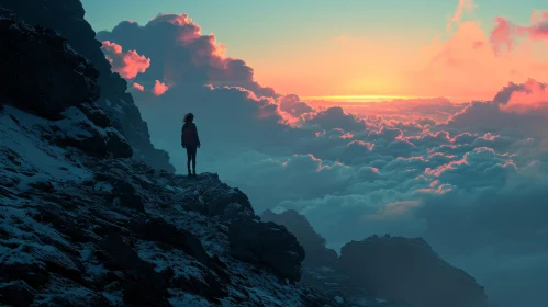 Serene Sunset Landscape: Snow-Covered Mountains at Dusk
