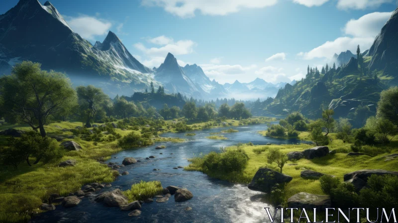Serenity in Nature: Mountain and River Scenery AI Image