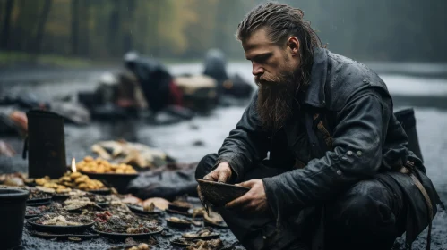 Viking Man Eating Fish - Moody and Atmospheric Artwork