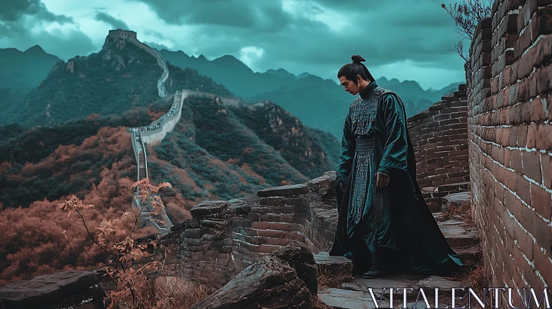 Chinese Man on Great Wall AI Image