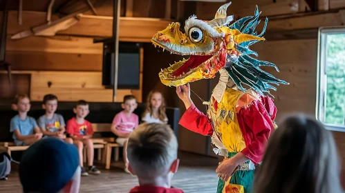 Colorful Dragon Puppet Entertaining Kids