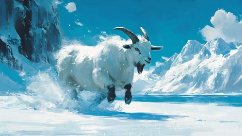 Goat Leaping in Scenic Snowfield