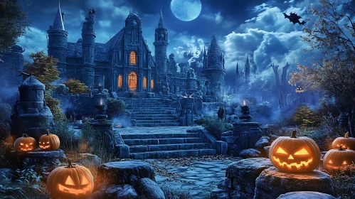 Moonlit Castle with Halloween Pumpkins