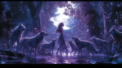 Mystical Moonlight Gathering with Wolves