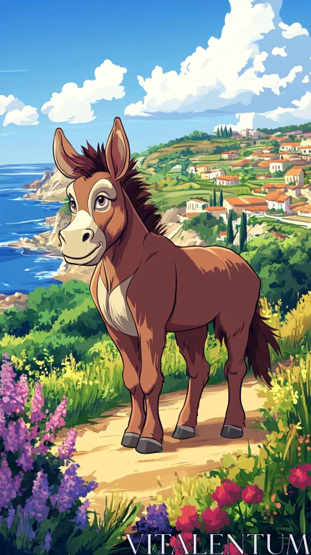 Animated Donkey on Coastal Path AI Image