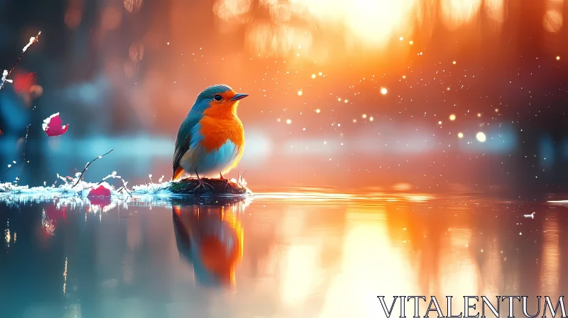 Tranquil Bird at Sunset Lake AI Image