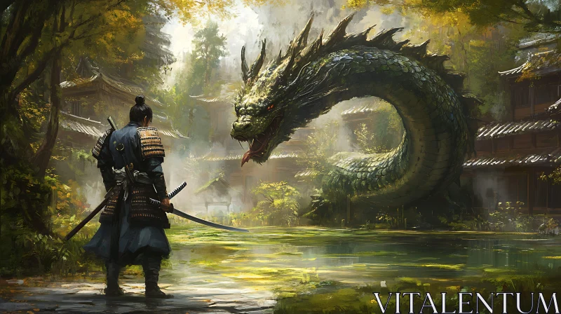 AI ART Warrior Facing Dragon in Ancient Landscape