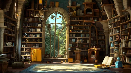 Serene Library Interior with Forest View