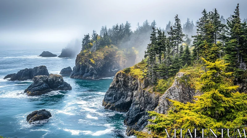 AI ART Majestic Ocean Shoreline with Trees and Rocks