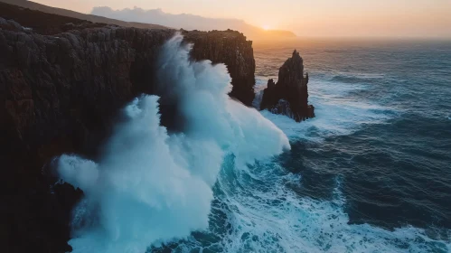 Sunset Waves Crashing on Rocky Shores