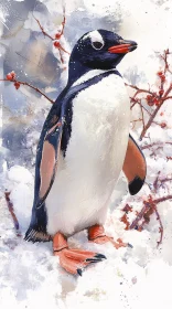 Penguin Amidst Snow and Berries
