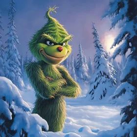 Whimsical Grinch Portrait in Snowy Landscape