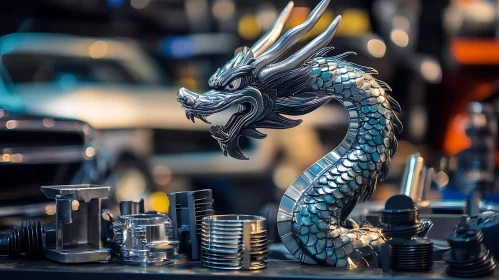 Silver Dragon Figurine Surrounded by Metal Components