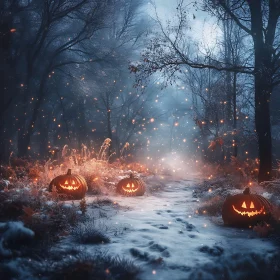 Glowing Pumpkins in Winter Forest