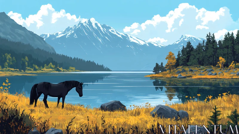 Idyllic Mountain Lake Scene with Horse AI Image