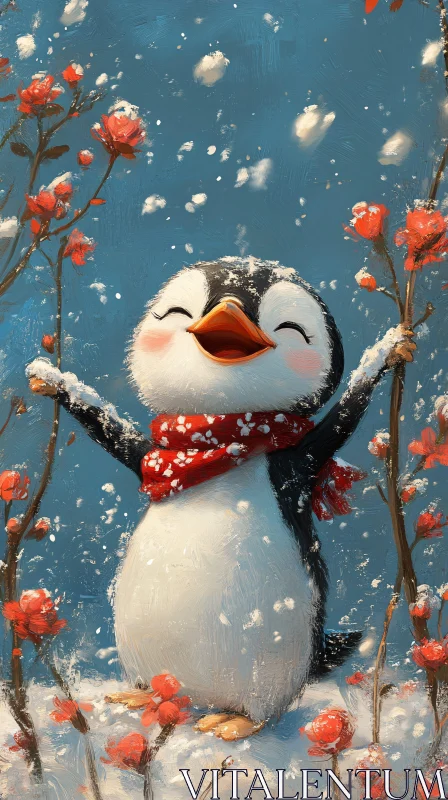 Cheerful Penguin Amidst Snow and Flowers AI Image