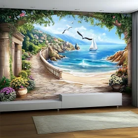 Tranquil Beach and Flower Path Artwork