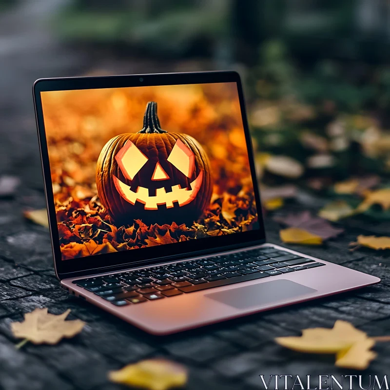 Halloween Pumpkin on Laptop Screen AI Image