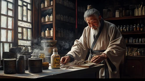 Old Man Sorting Herbs in Apothecary