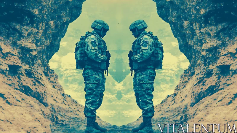 AI ART Mirrored Military Men in Rugged Terrain