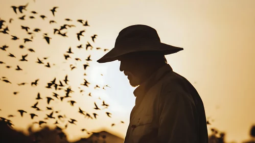 Silhouette of a man with birds