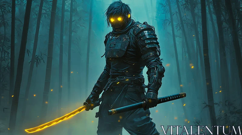 AI ART Armored Ninja with Katana in Dark Forest