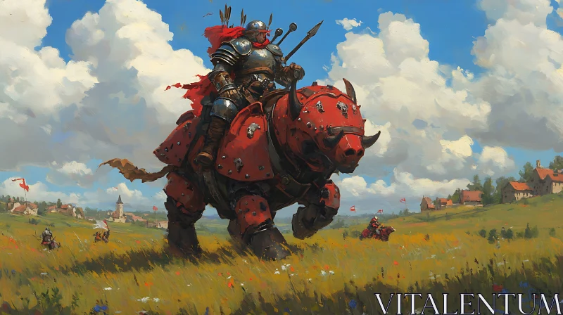 AI ART Warrior and Rhino in Grassy Field