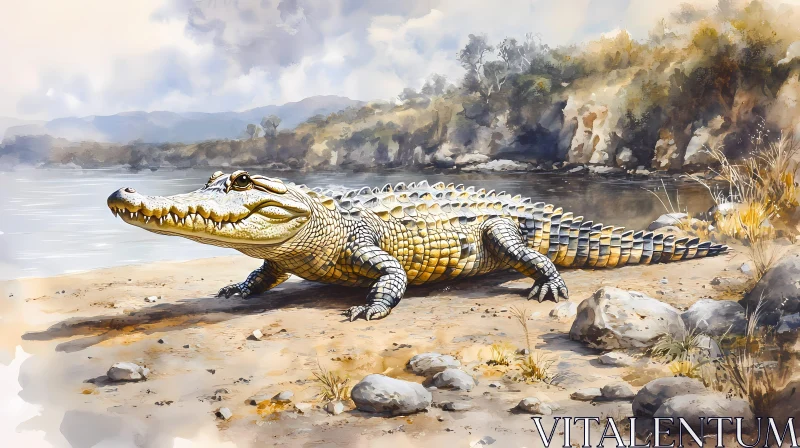 Crocodile Resting by River in Watercolor AI Image