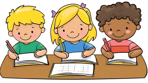 Cartoon Children Studying at School