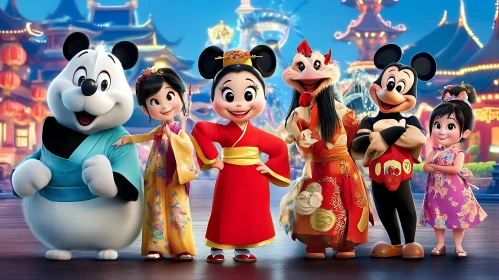 Cartoon Characters in Chinese Traditional Clothing