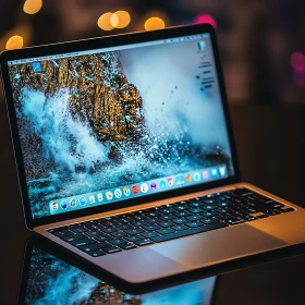 Sleek Laptop Displaying Ocean Waves and Bokeh Lights
