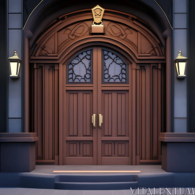 AI ART Sophisticated Building Entrance with Carved Wooden Doors