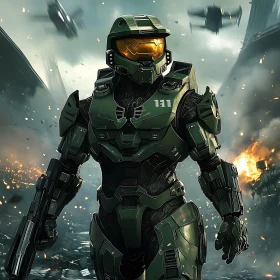 Futuristic Soldier in Combat Zone