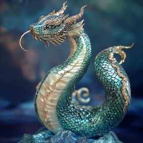 Teal and Gold Serpentine Dragon Art