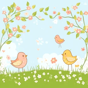 Whimsical Bird Illustration with Floral Accents