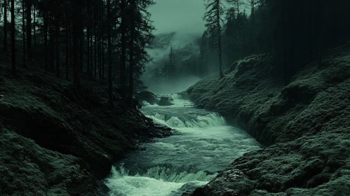 Misty River in a Forest Landscape