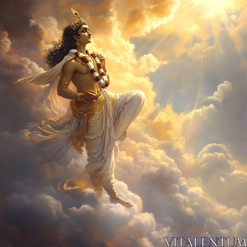 Ethereal Deity Amidst Golden Clouds AI Image