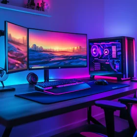 Sleek Gaming Desk with Custom PC and Vibrant RGB Lighting