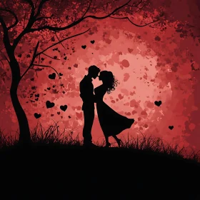 Silhouette Couple Embrace with Heart Tree